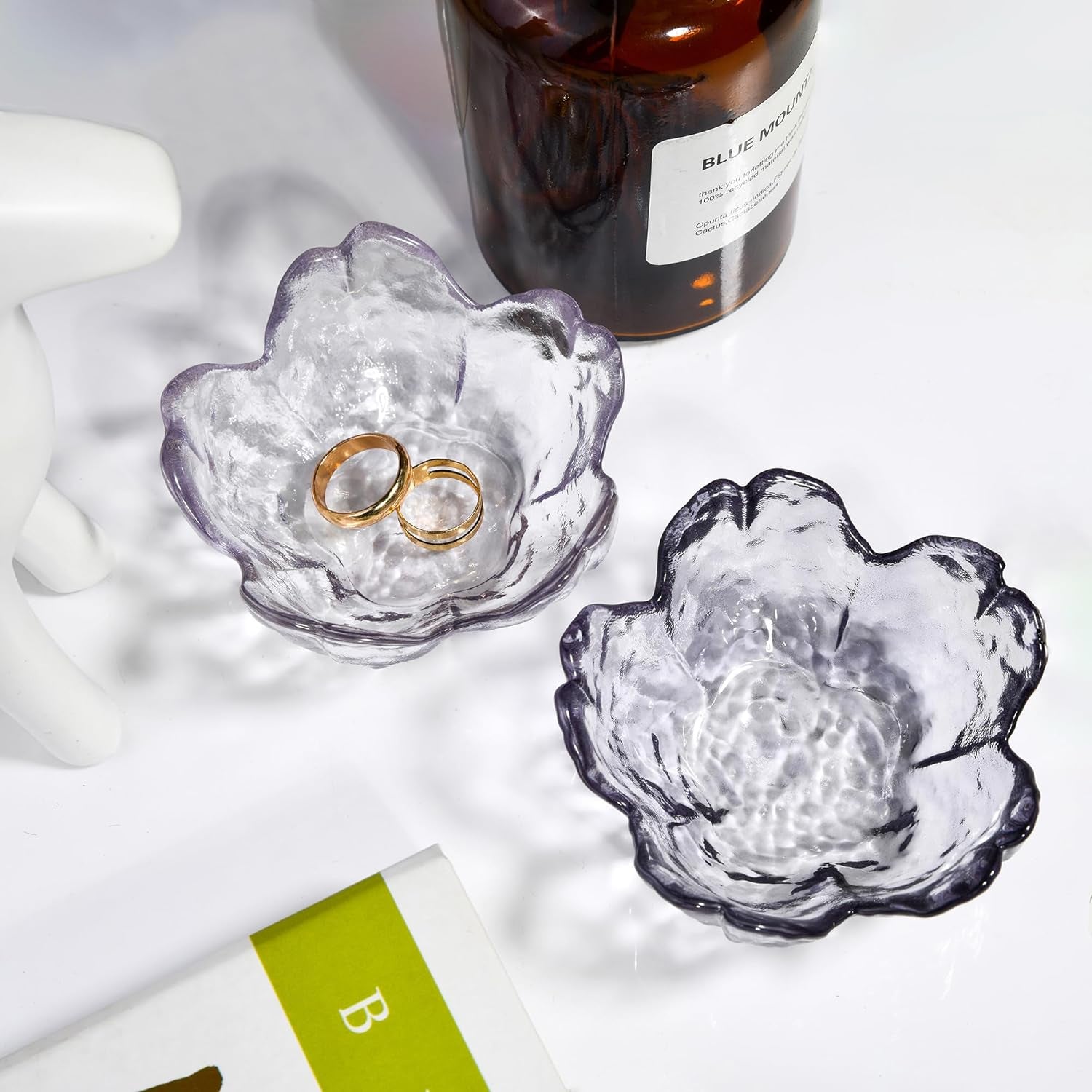 Purple Glass Ring Holder Dish, Cherry Blossom Decor Jewelry Trinket Tray, Rings Earrings Keys Storage Organizer Bowl