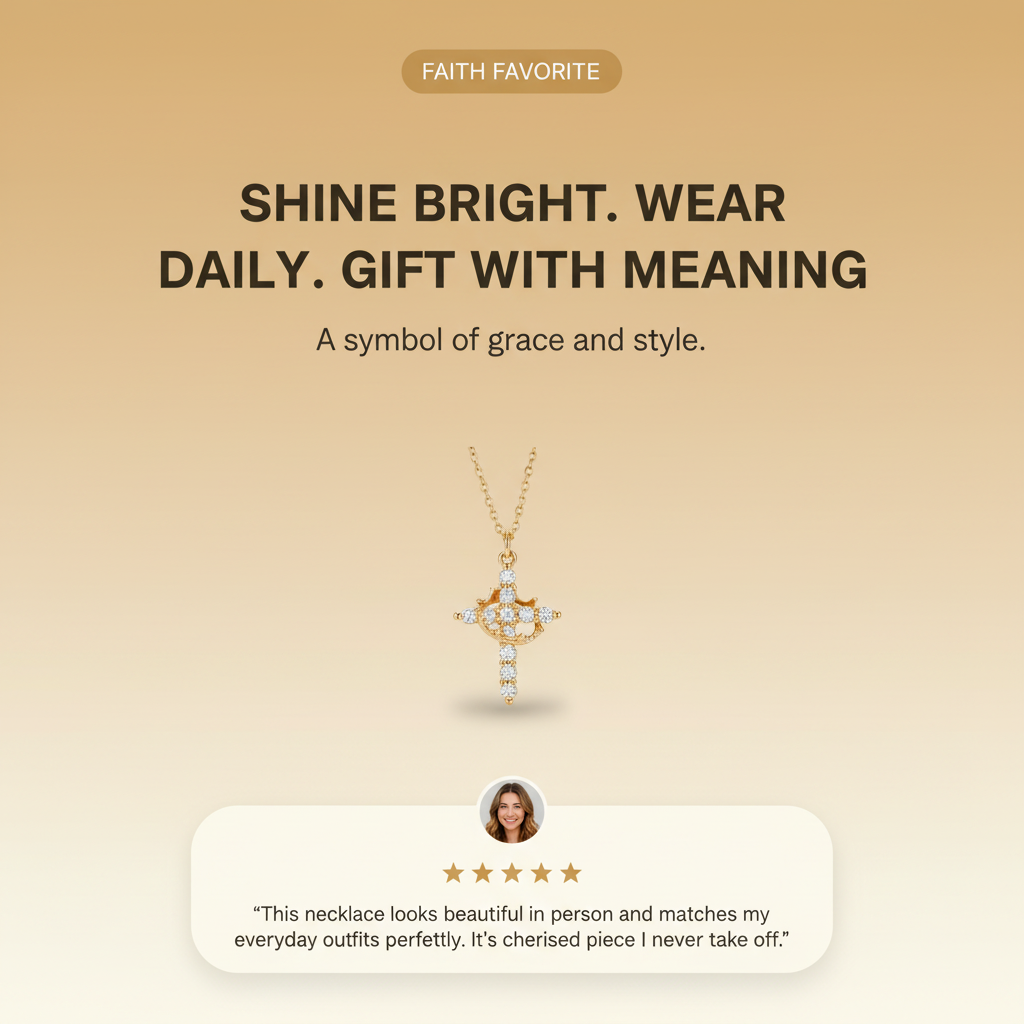 Novelle's Upgraded Crown Cross Necklace for Women, 14K Gold Plated Crown Cross Pendant Necklace, Non-Tarnish Faith Jewelry for Women, Christian Religious Gifts