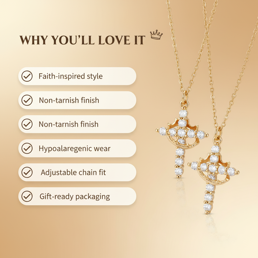 Novelle's Upgraded Crown Cross Necklace for Women, 14K Gold Plated Crown Cross Pendant Necklace, Non-Tarnish Faith Jewelry for Women, Christian Religious Gifts